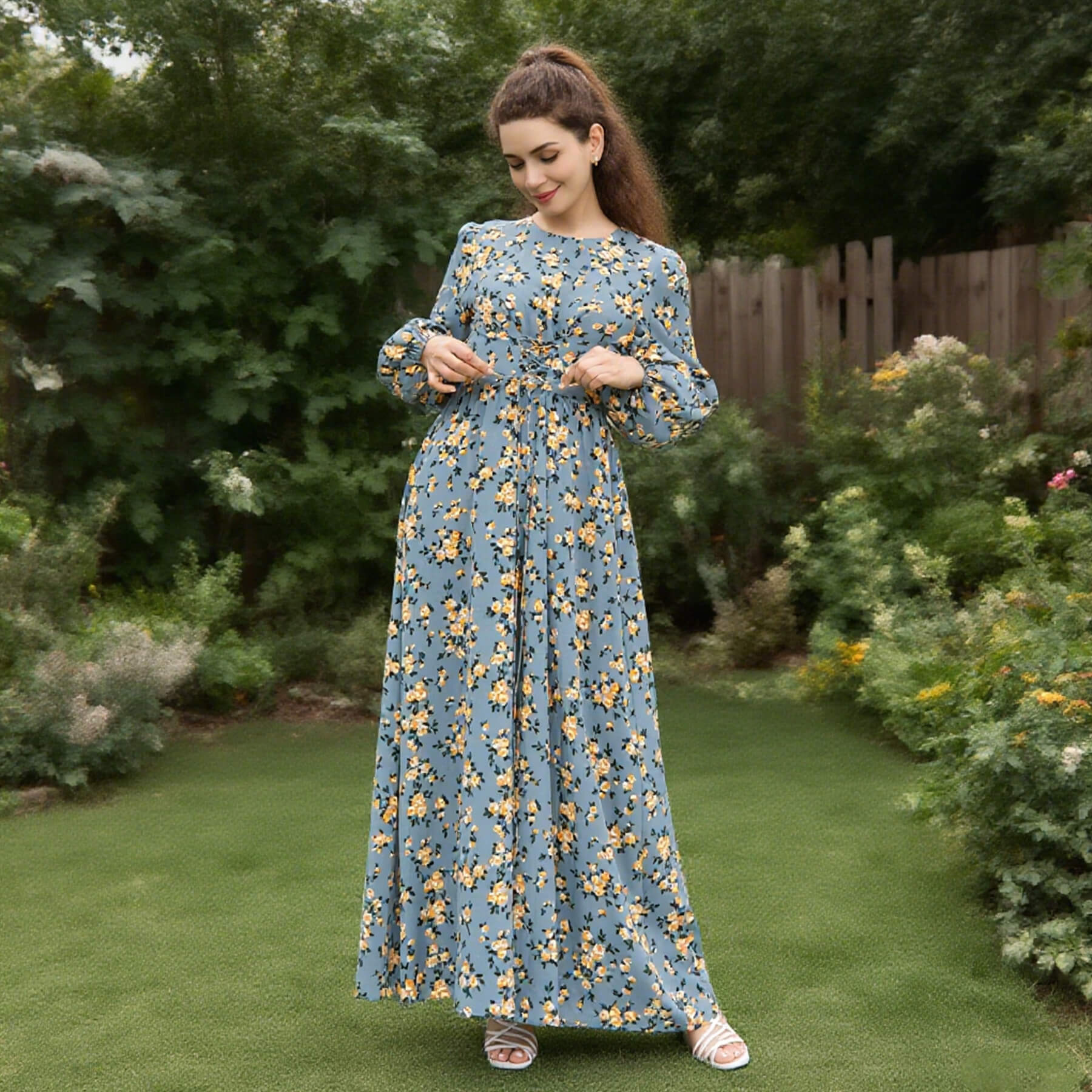 Floral Drawstring‑Waist Maxi Dress