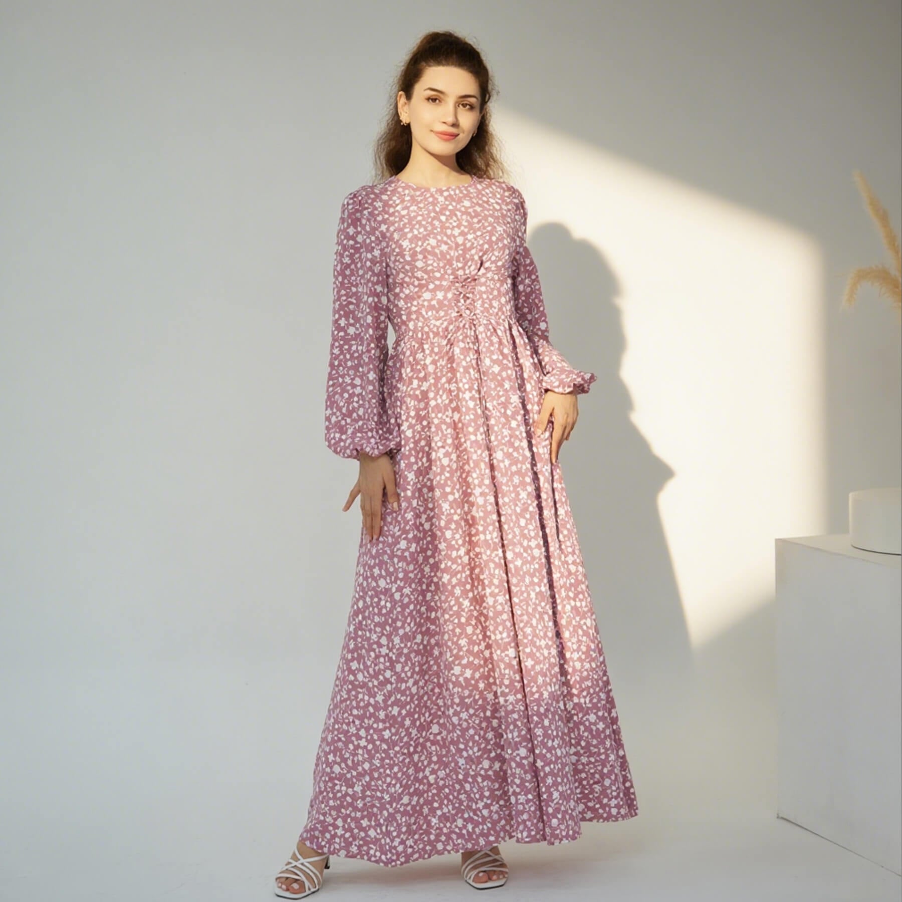 Floral Drawstring‑Waist Maxi Dress - Aurohaya