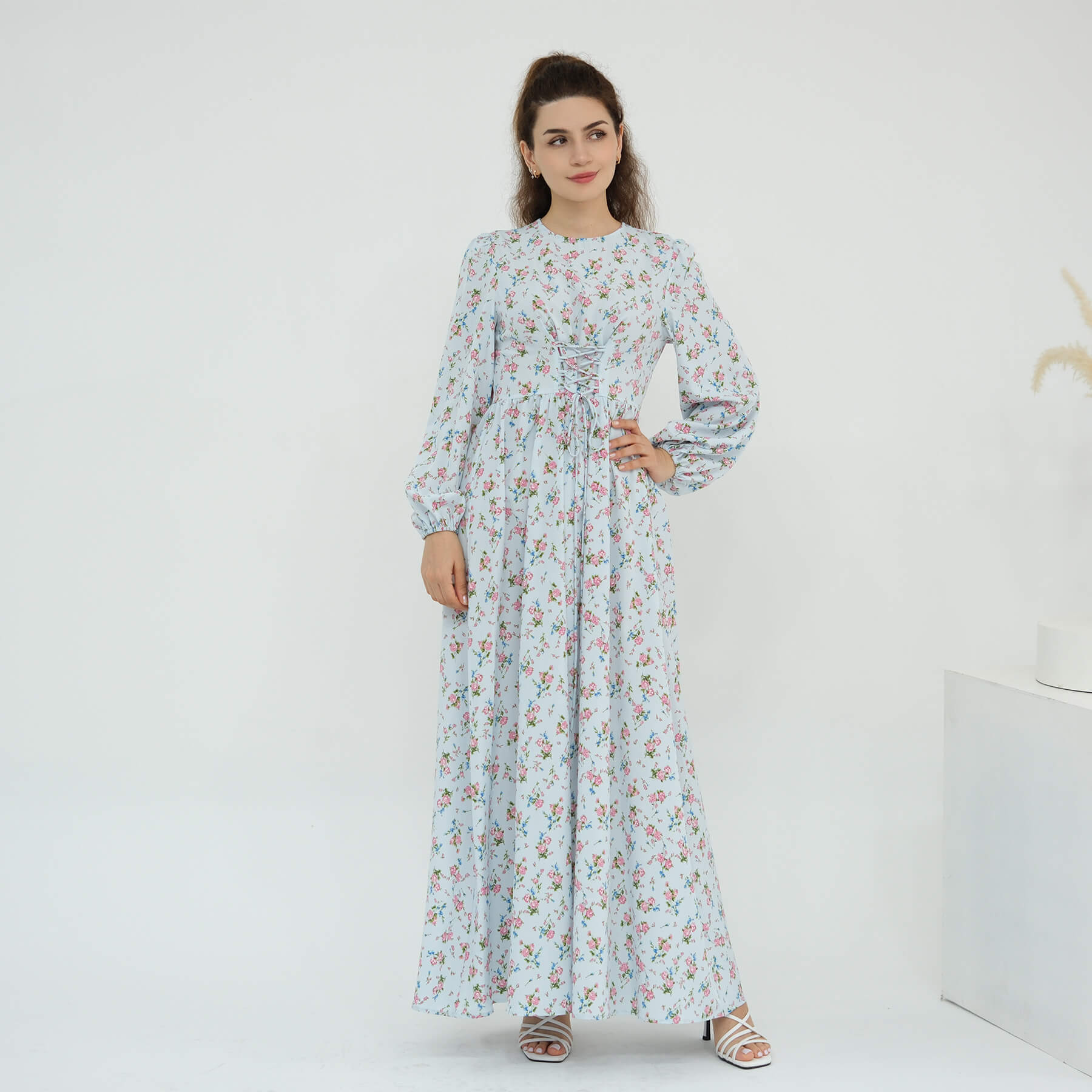 Floral Drawstring‑Waist Maxi Dress - Aurohaya