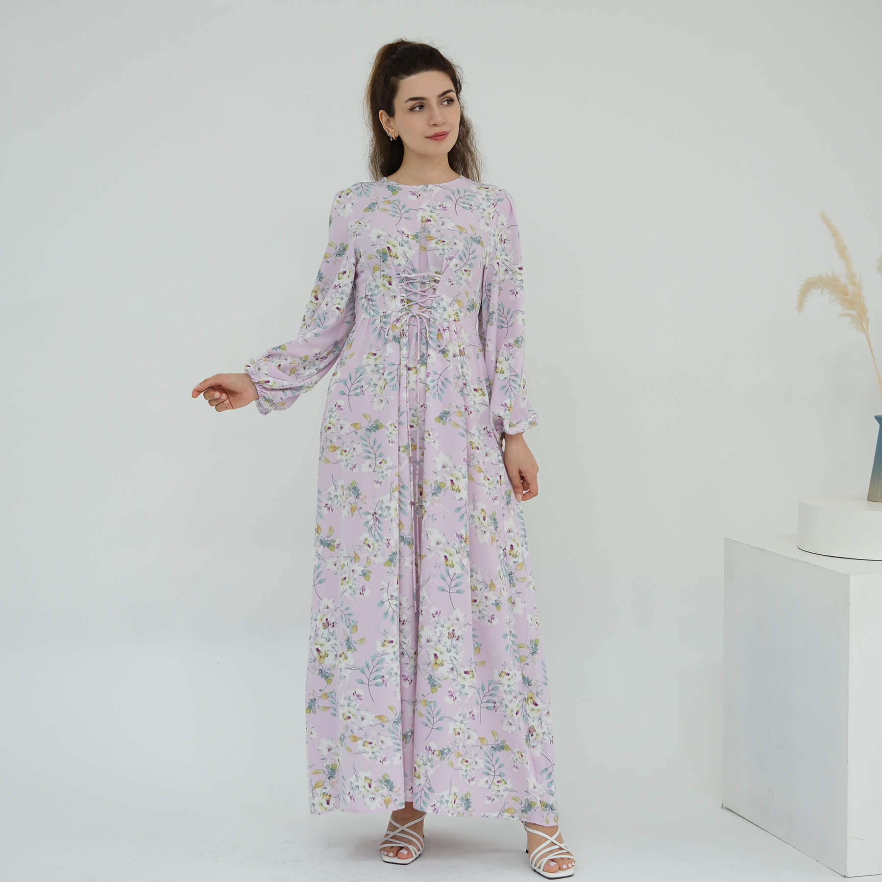 Floral Drawstring‑Waist Maxi Dress - Aurohaya
