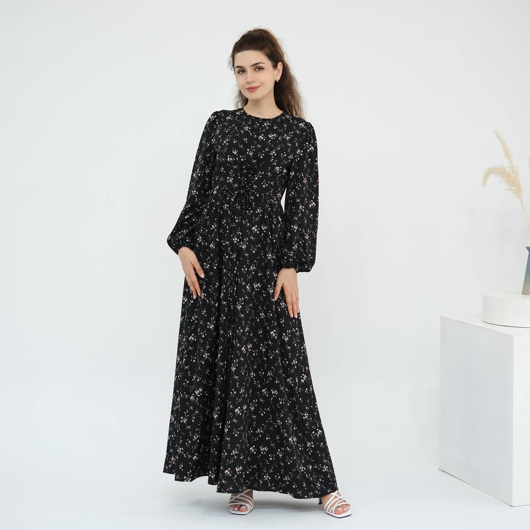 Floral Drawstring‑Waist Maxi Dress - Aurohaya