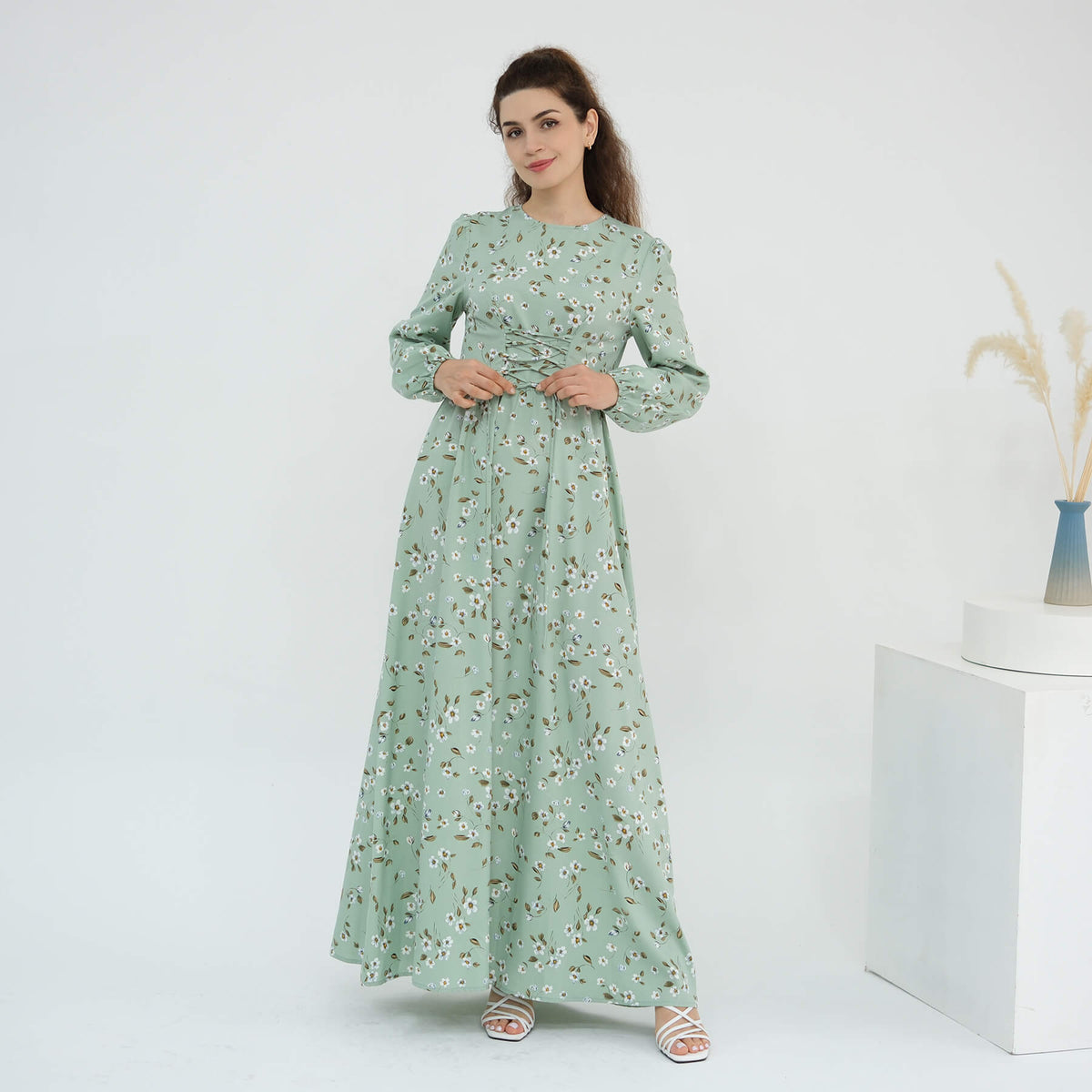 Floral Drawstring‑Waist Maxi Dress - Aurohaya
