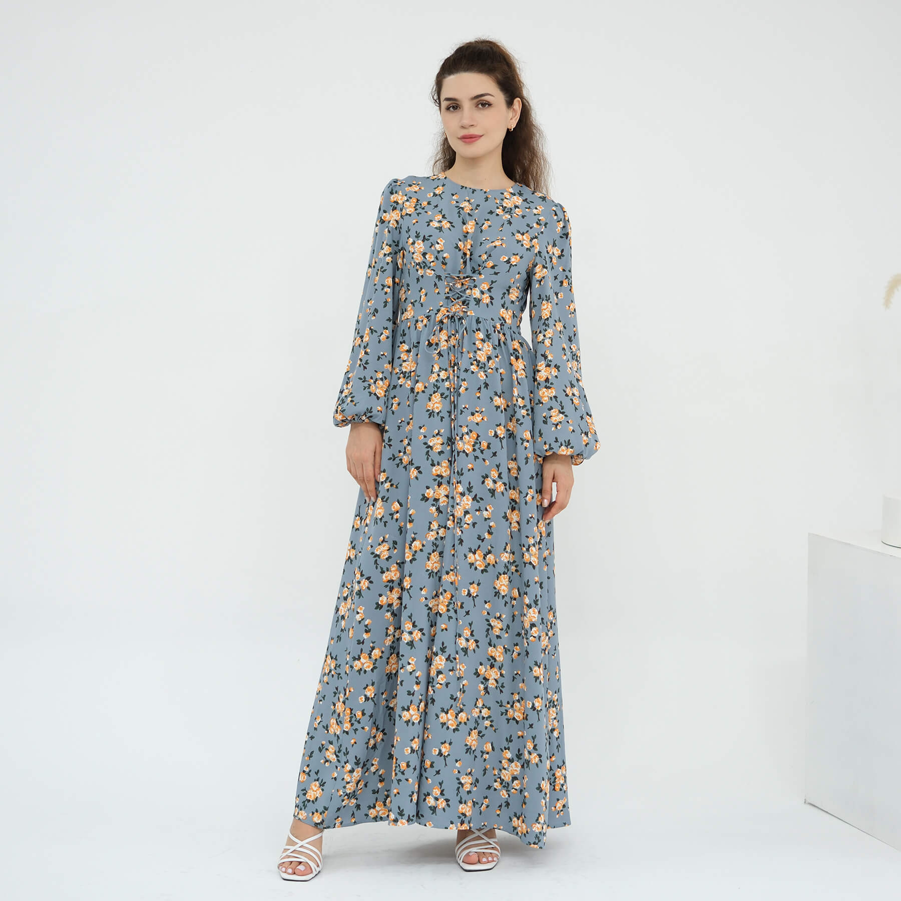 Floral Drawstring‑Waist Maxi Dress