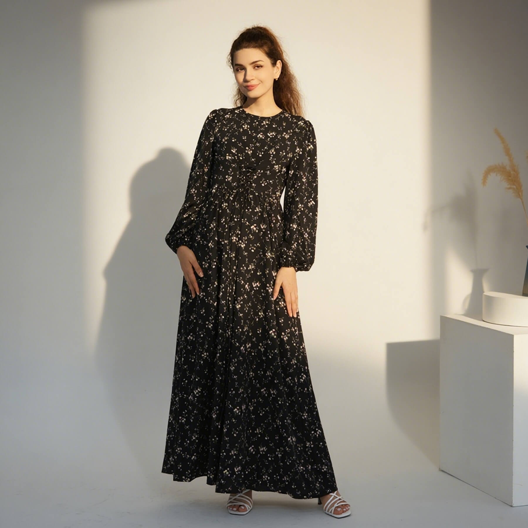 Floral Drawstring‑Waist Maxi Dress - Aurohaya