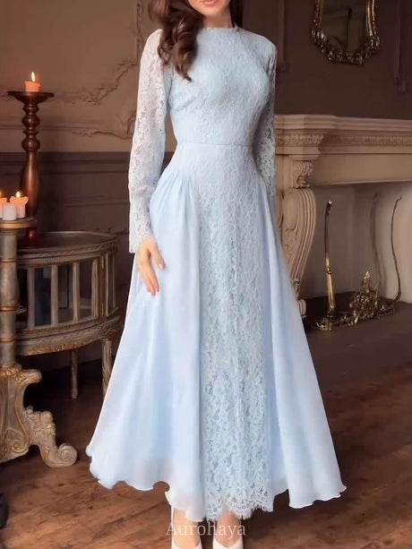 Aurohaya Long Sleeve Lace Chiffon Waist-Cinching Maxi Dress, DES111 Blue