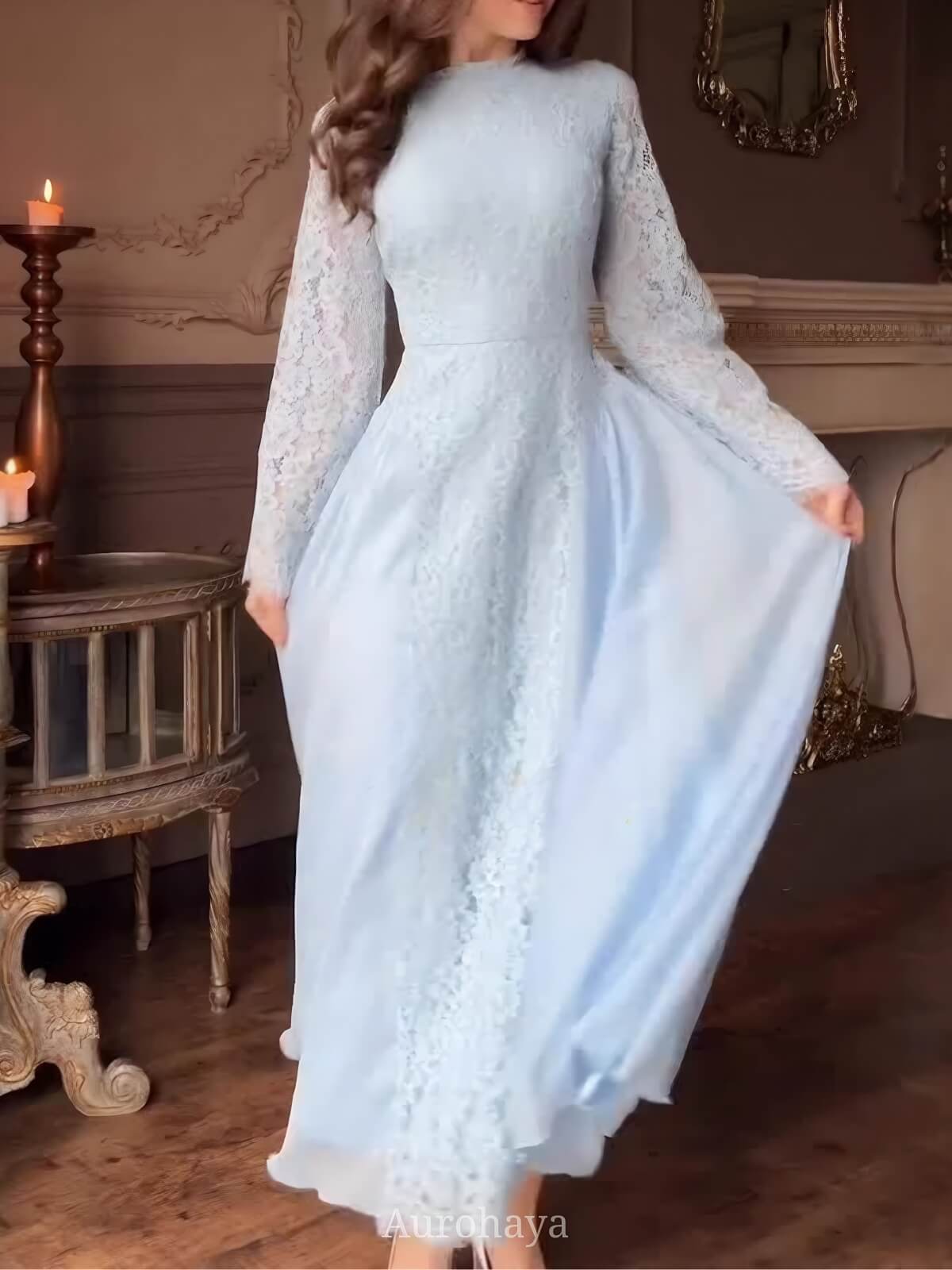Long Sleeve Lace Chiffon Waist-Cinching Maxi Dress, DES111