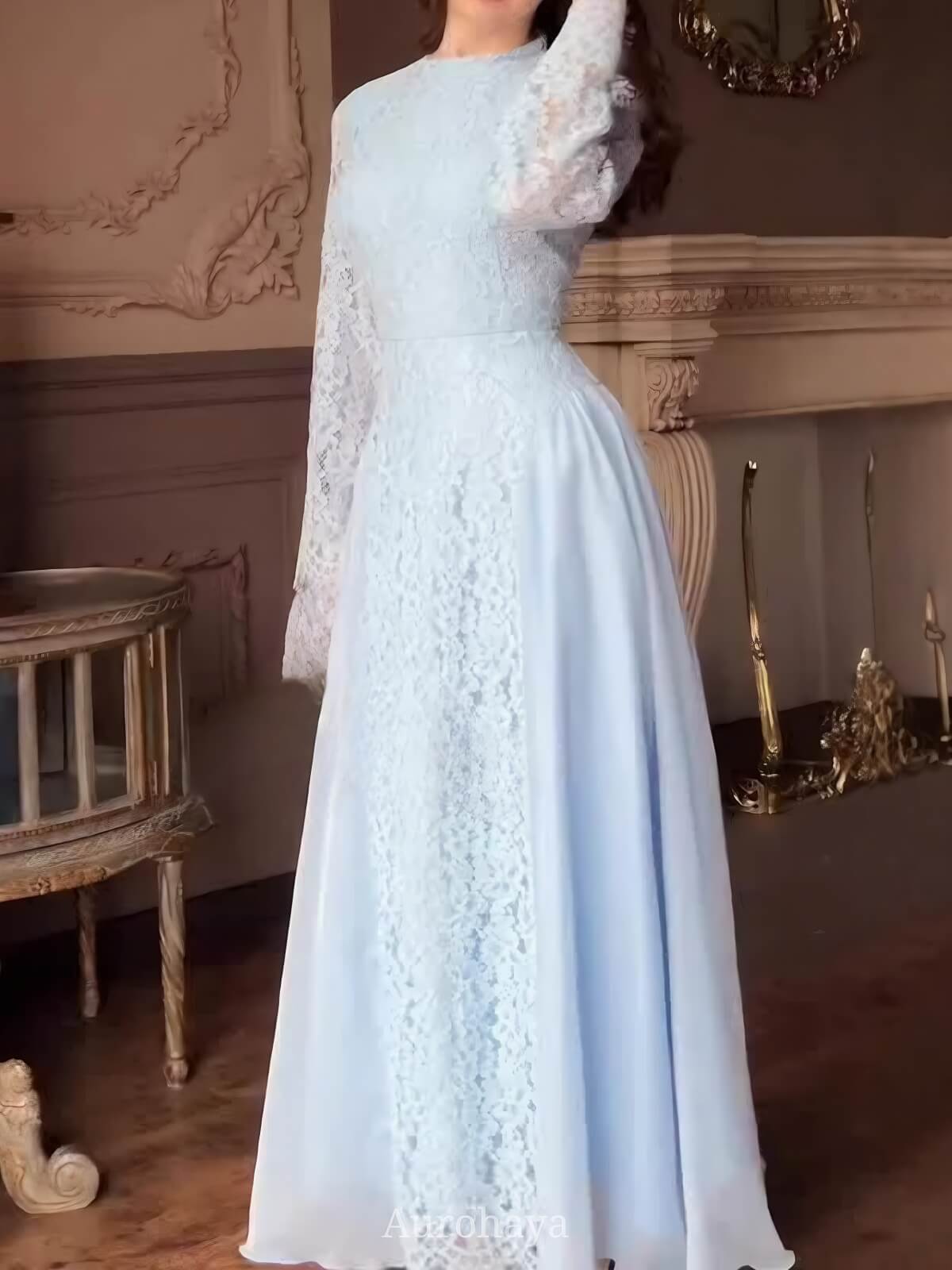 Long Sleeve Lace Chiffon Waist-Cinching Maxi Dress, DES111