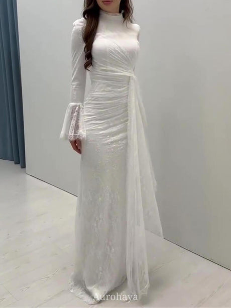 Aurohaya High Neck Ruched Waist Sash Tie Lace Evening Dress, DES112 White