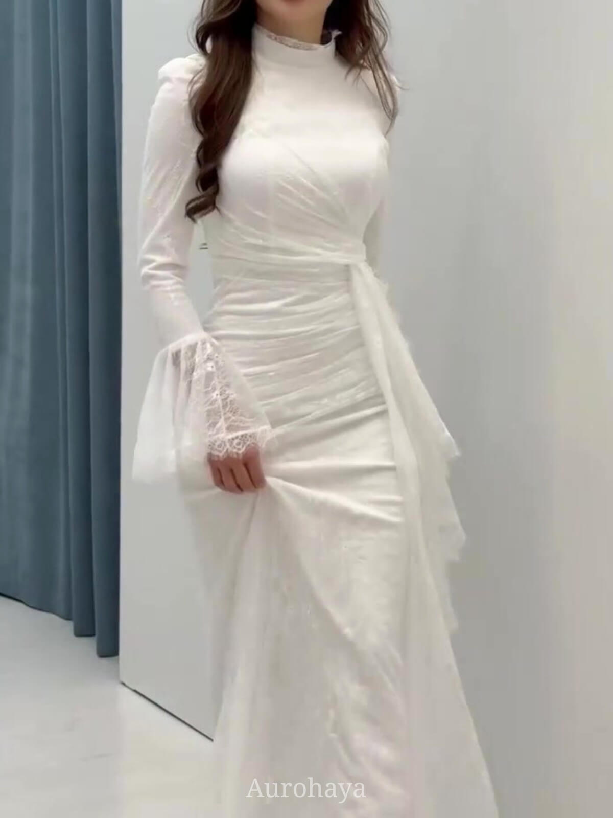High Neck Ruched Waist Sash Tie Lace Evening Dress, DES112