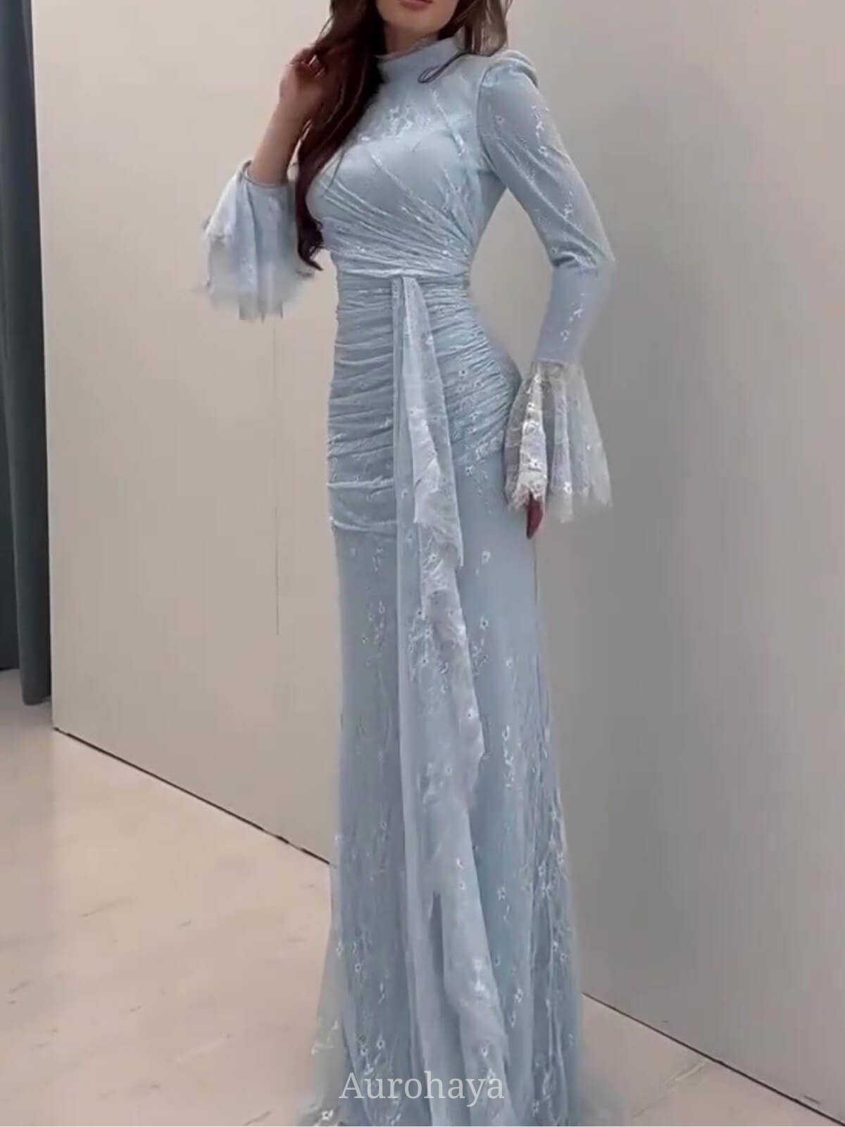 High Neck Ruched Waist Sash Tie Lace Evening Dress, DES112