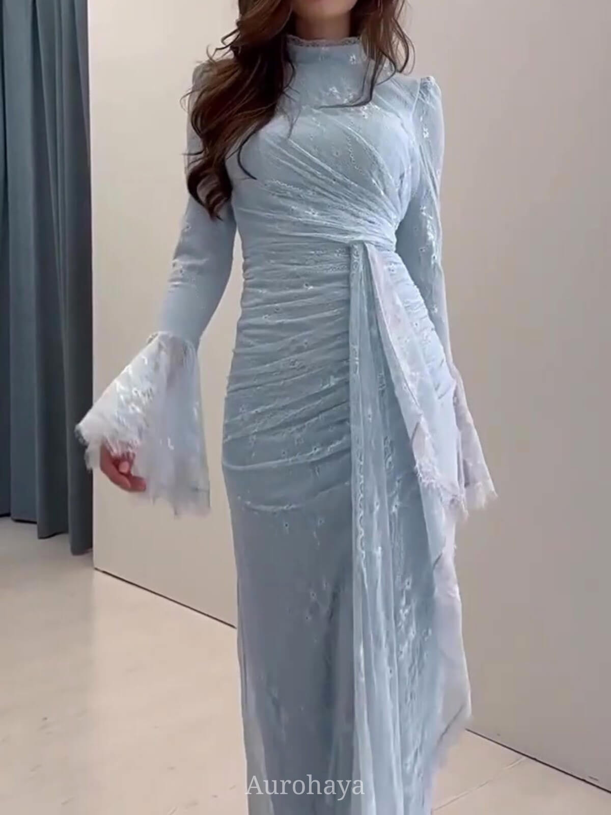 High Neck Ruched Waist Sash Tie Lace Evening Dress, DES112