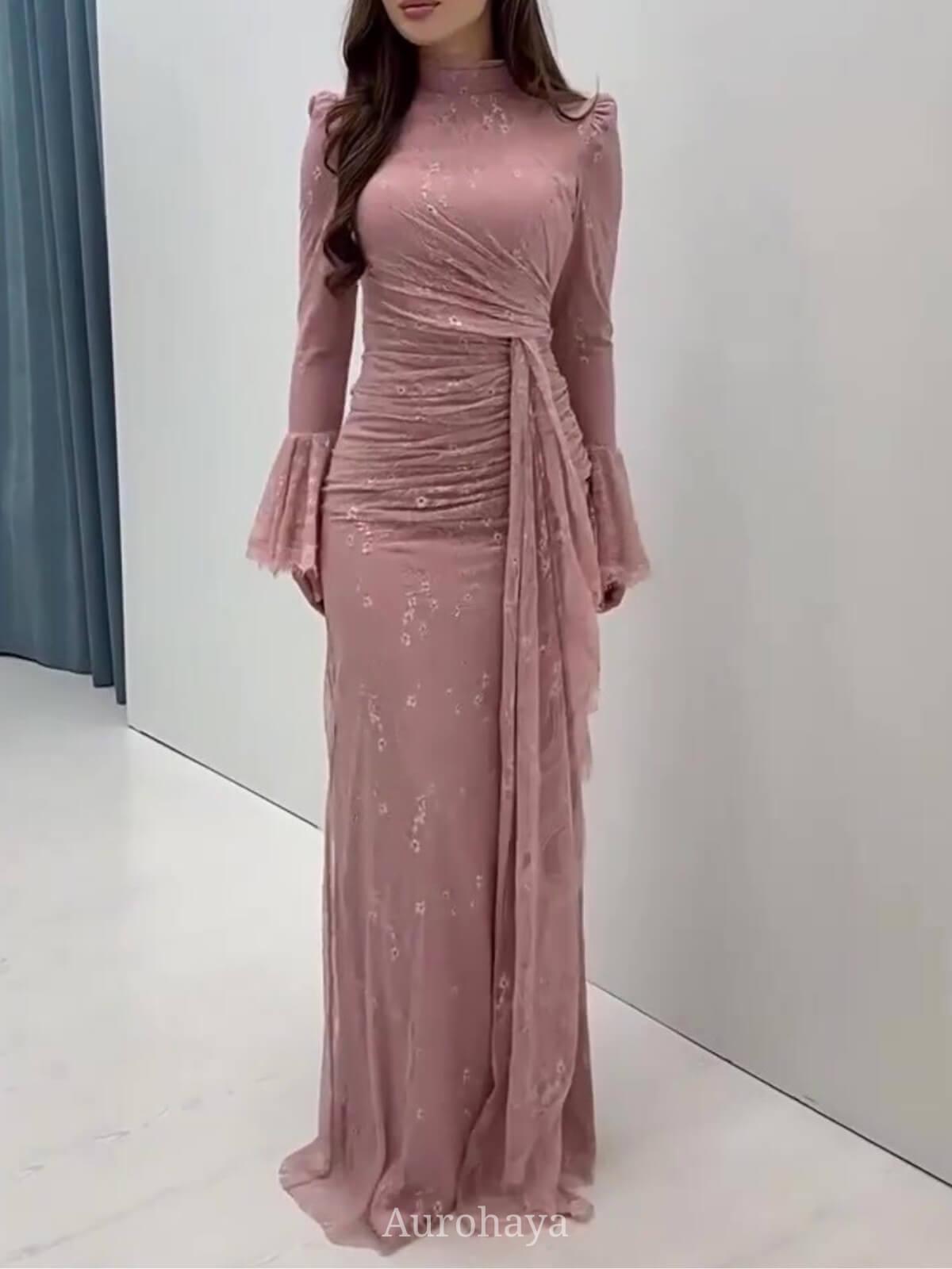 Aurohaya High Neck Ruched Waist Sash Tie Lace Evening Dress, DES112 Pink