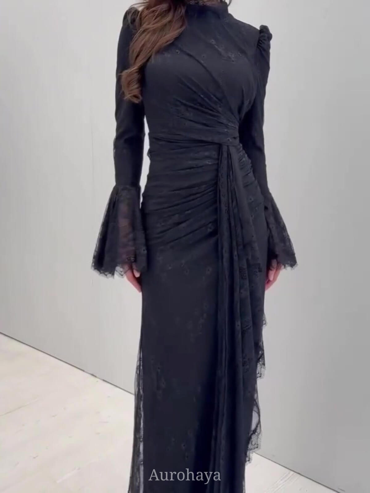 High Neck Ruched Waist Sash Tie Lace Evening Dress, DES112