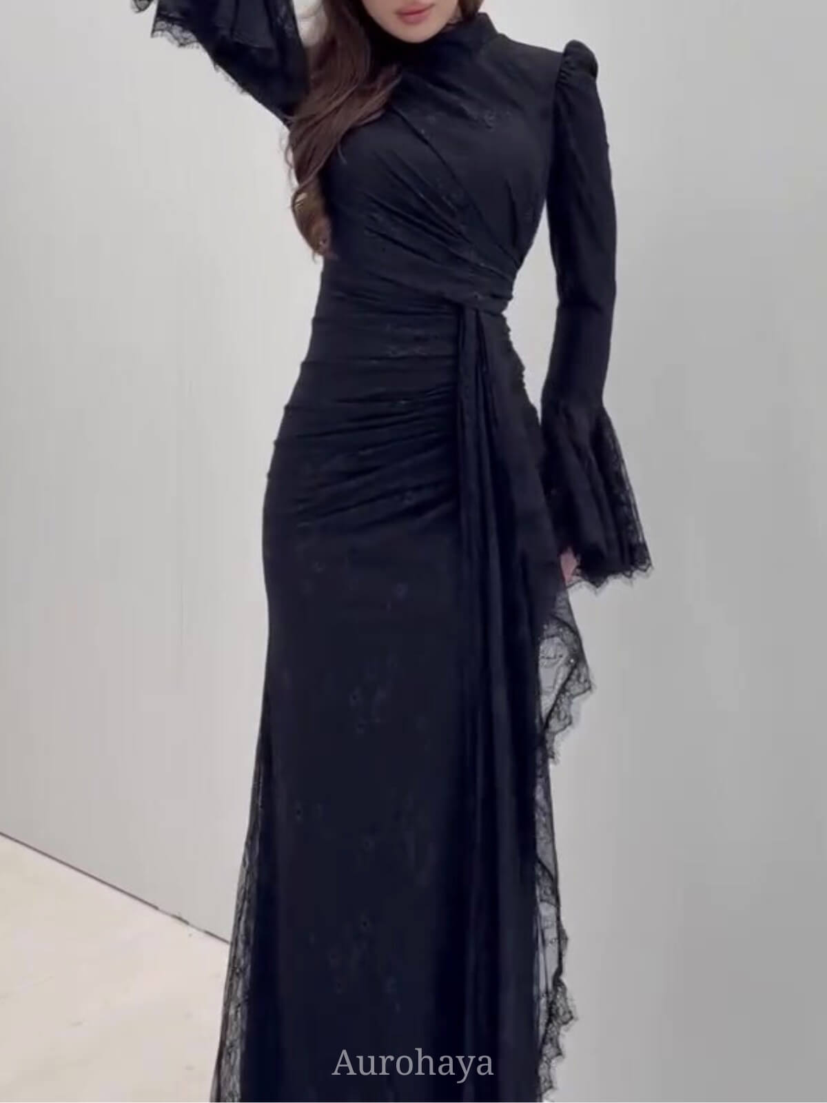 High Neck Ruched Waist Sash Tie Lace Evening Dress, DES112