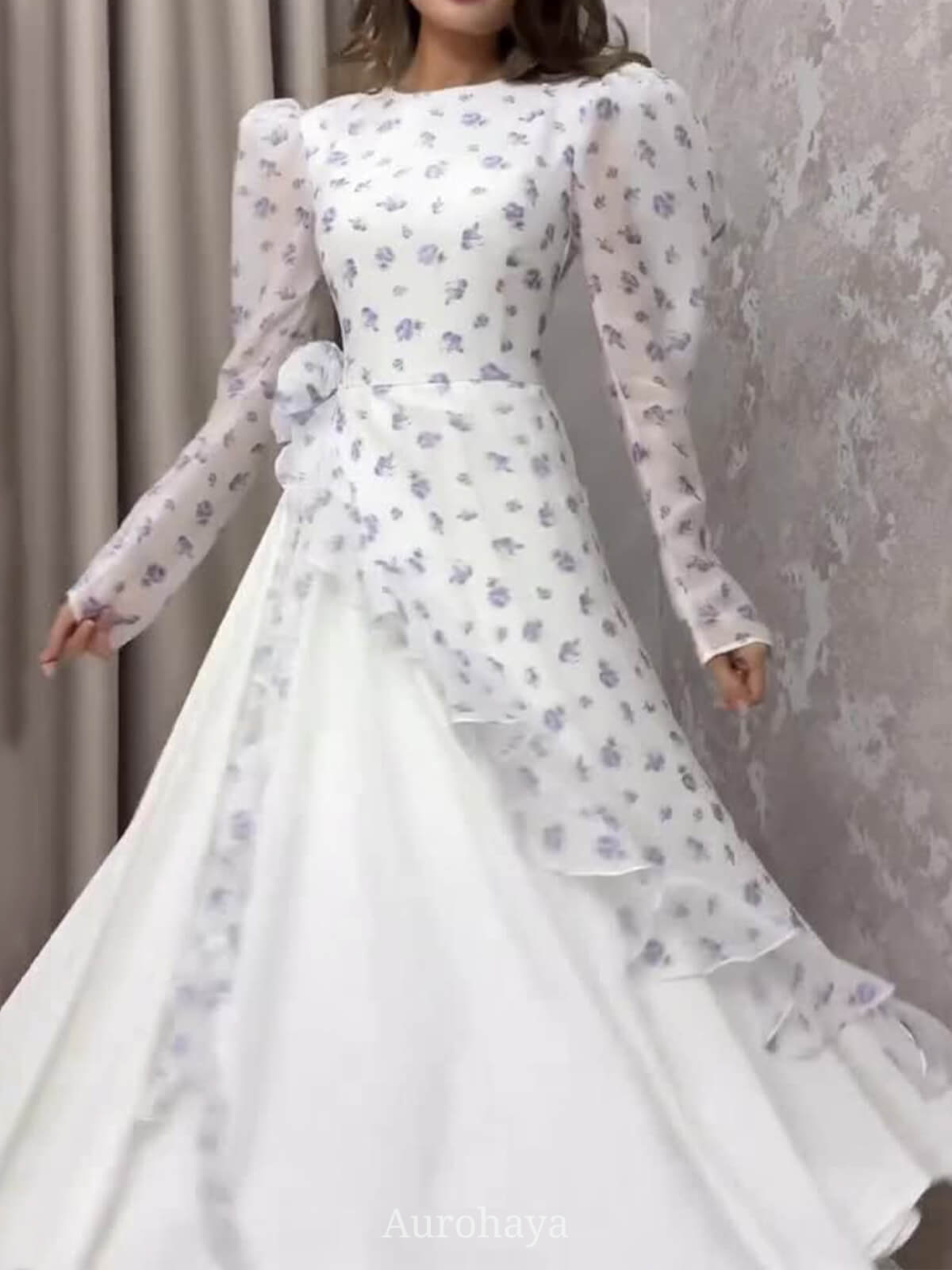 Puff Sleeves Layered Ruffle Hem Floral Maxi Dress, DES113