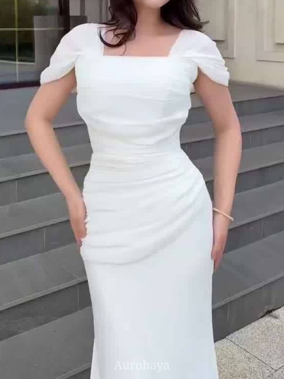 Short Sleeve Ruched Square-Neck Maxi Evening Dress, DES114