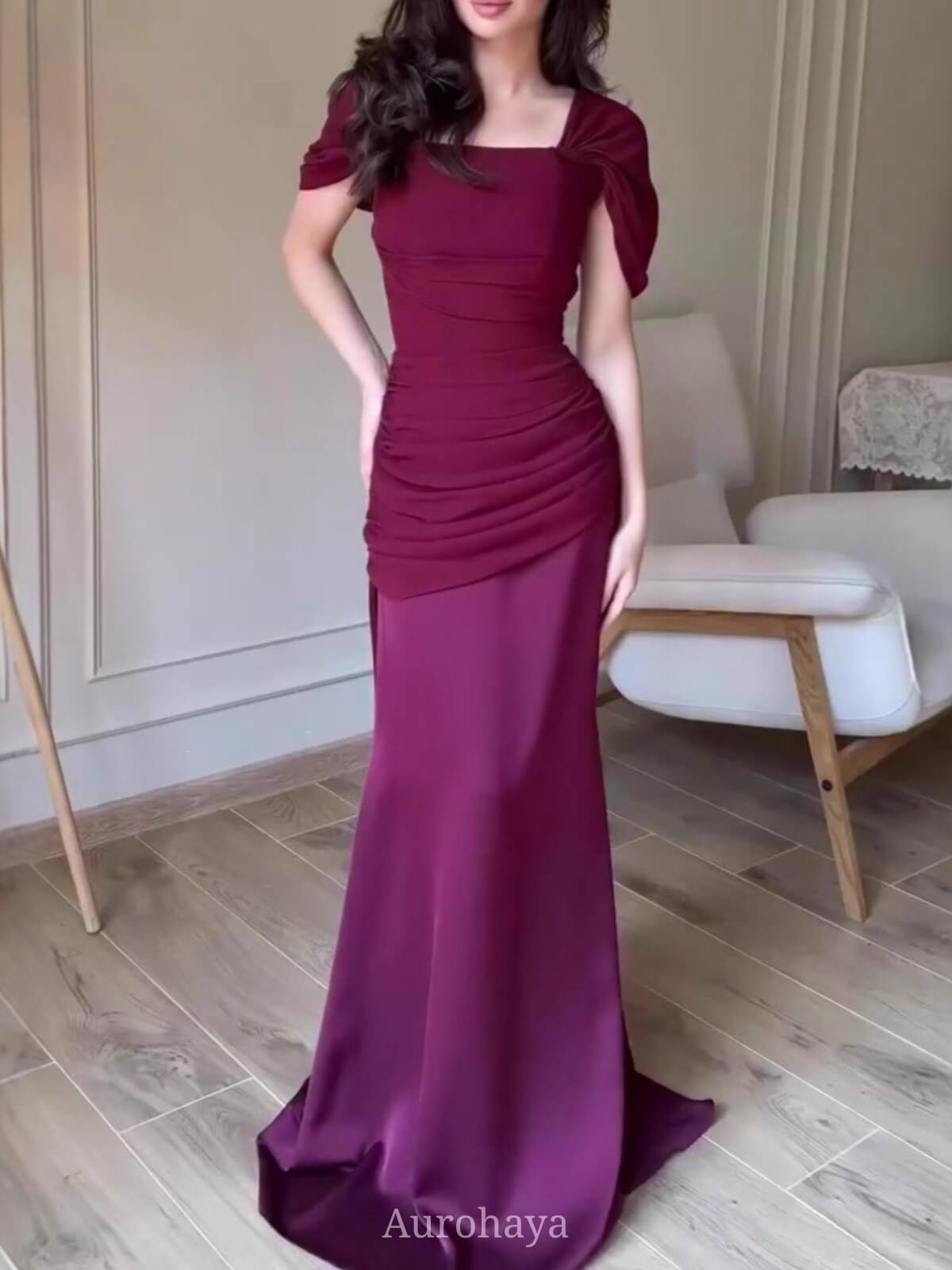 Short Sleeve Ruched Square-Neck Maxi Evening Dress, DES114