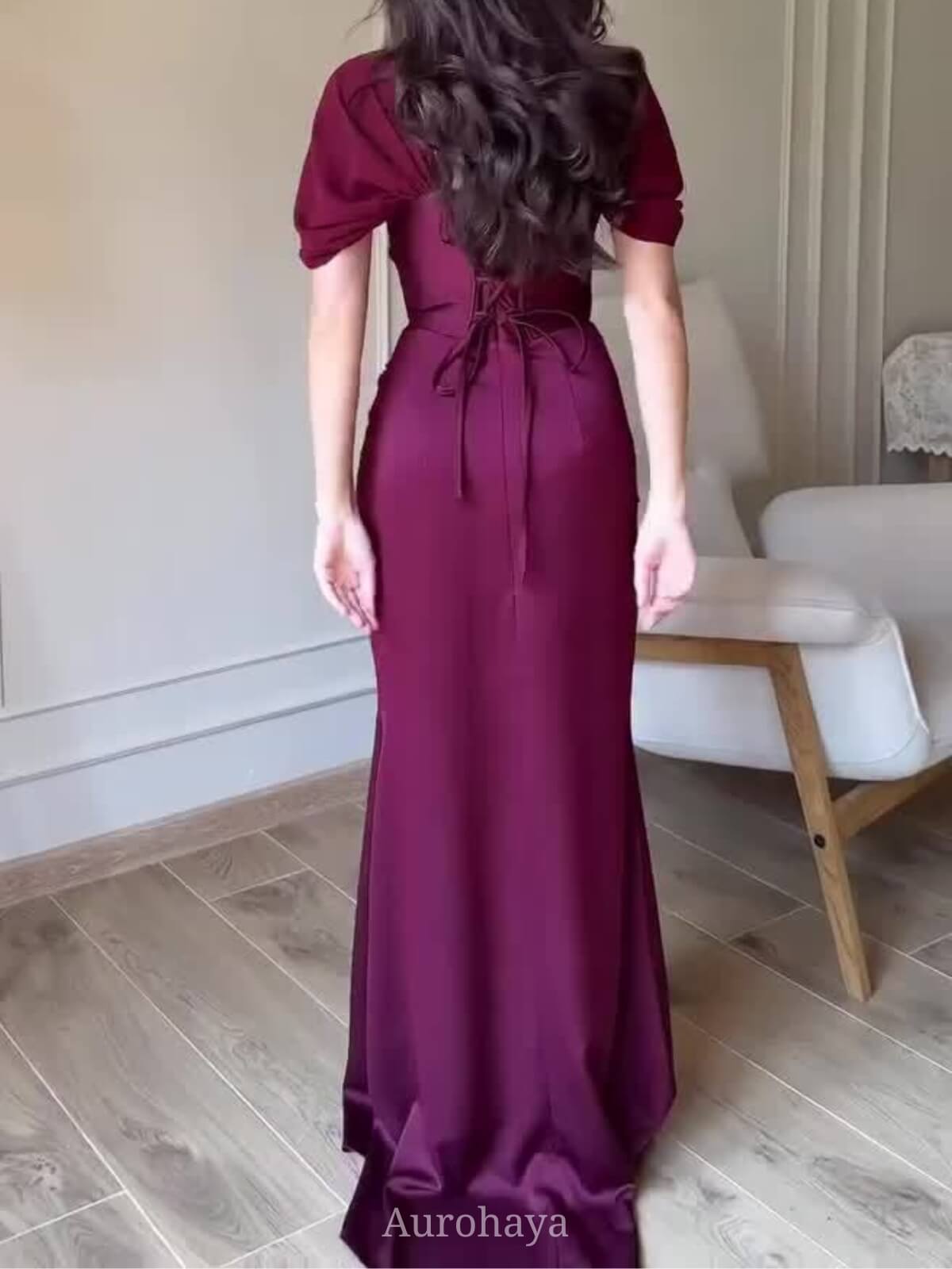 Short Sleeve Ruched Square-Neck Maxi Evening Dress, DES114