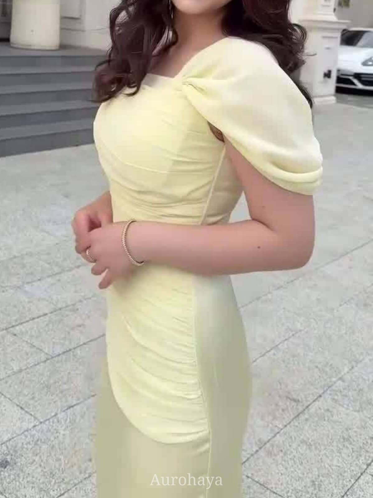 Short Sleeve Ruched Square-Neck Maxi Evening Dress, DES114