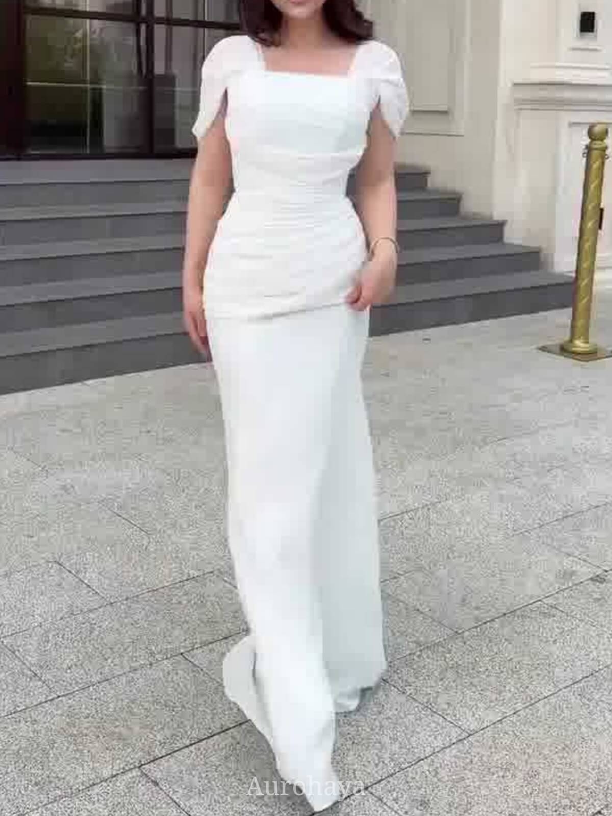 Short Sleeve Ruched Square-Neck Maxi Evening Dress, DES114