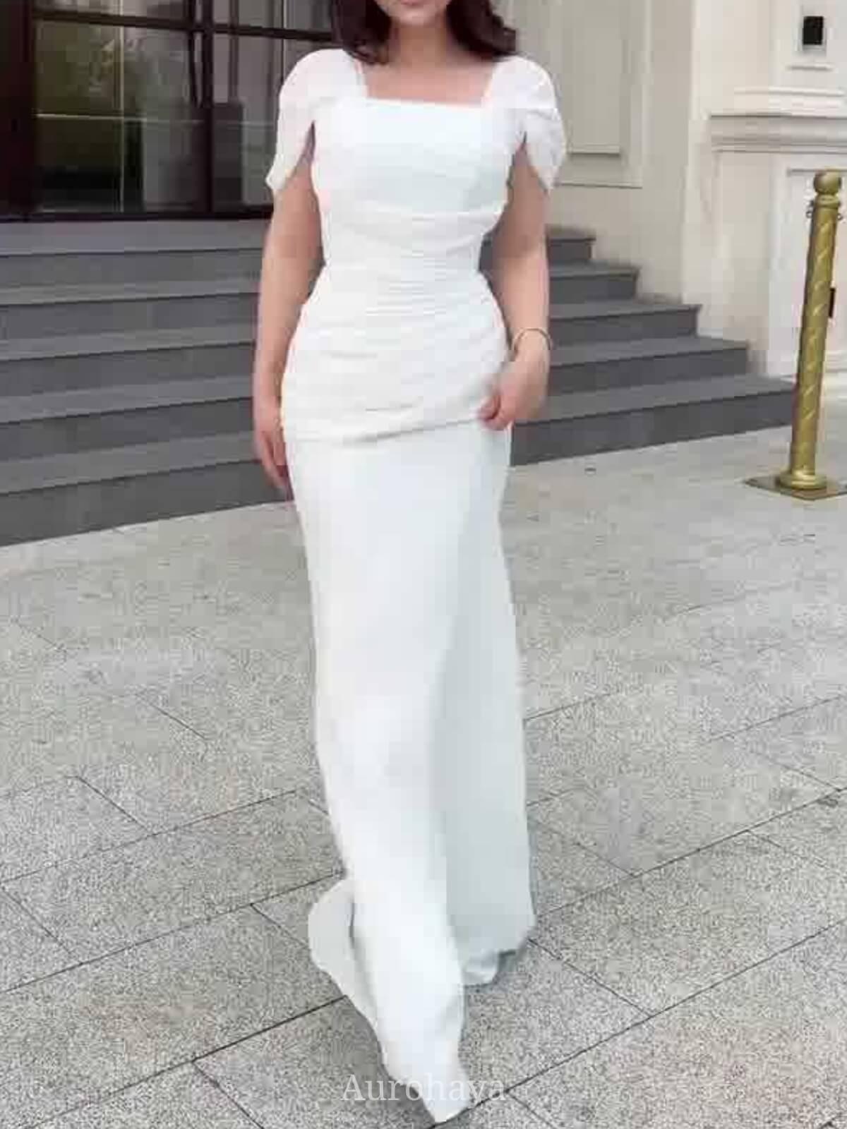 Aurohaya Short Sleeve Ruched Square-Neck Maxi Evening Dress, DES114 White