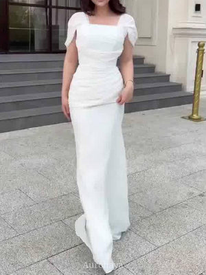 Aurohaya Short Sleeve Ruched Square-Neck Maxi Evening Dress, DES114 White