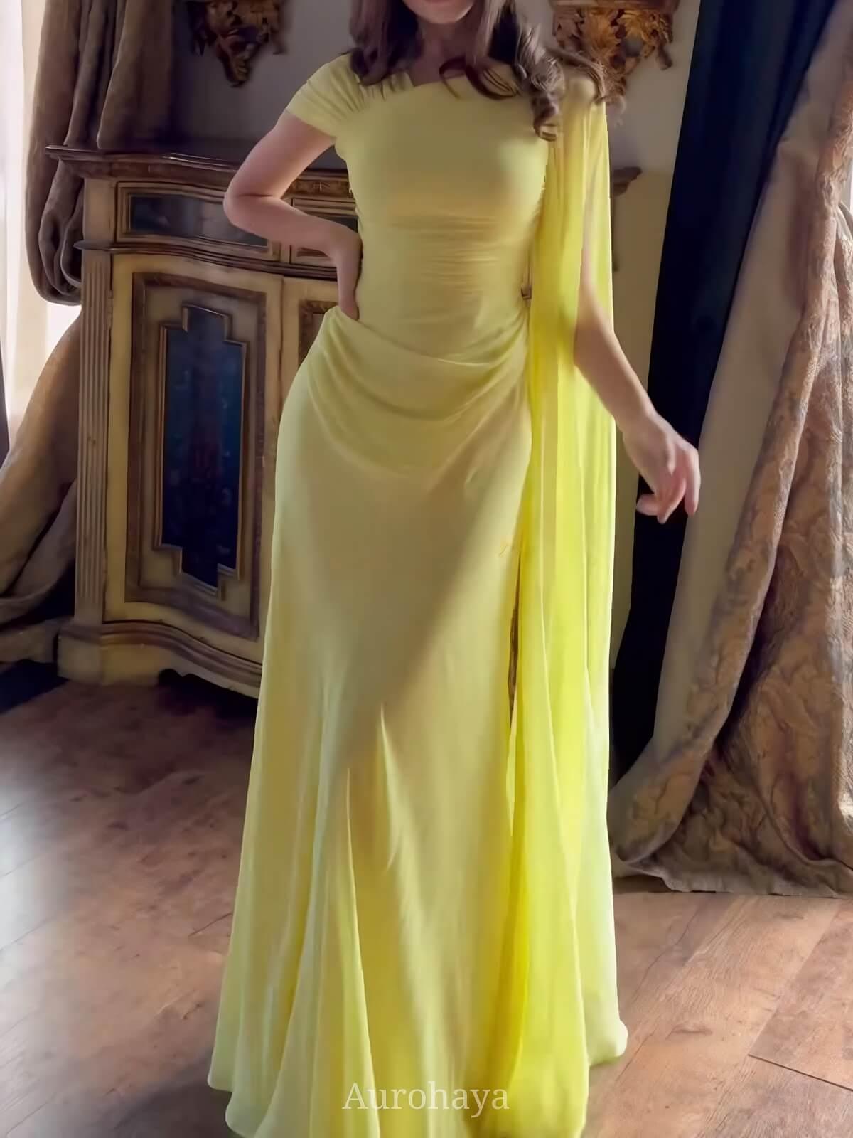 Aurohaya Pleated Asymmetrical Neck Cinched Waist Evening Dress, DES115 Yellow