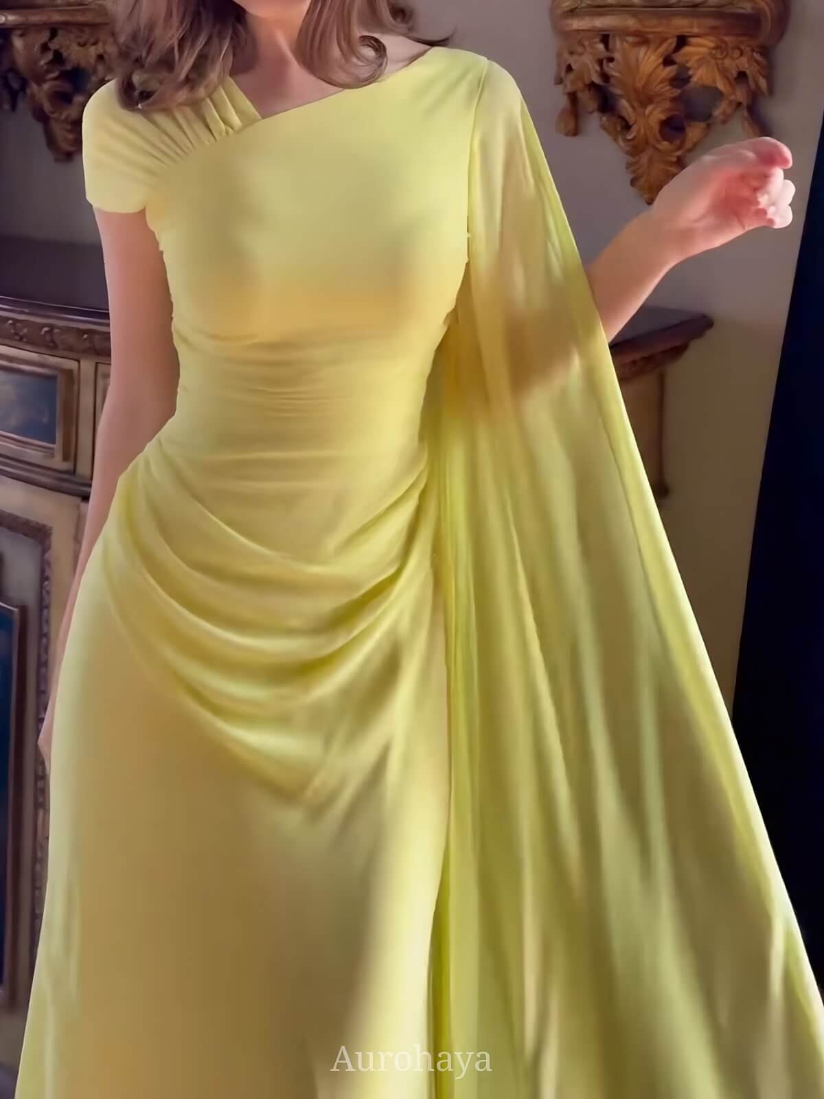 Pleated Asymmetrical Neck Cinched Waist Evening Dress, DES115