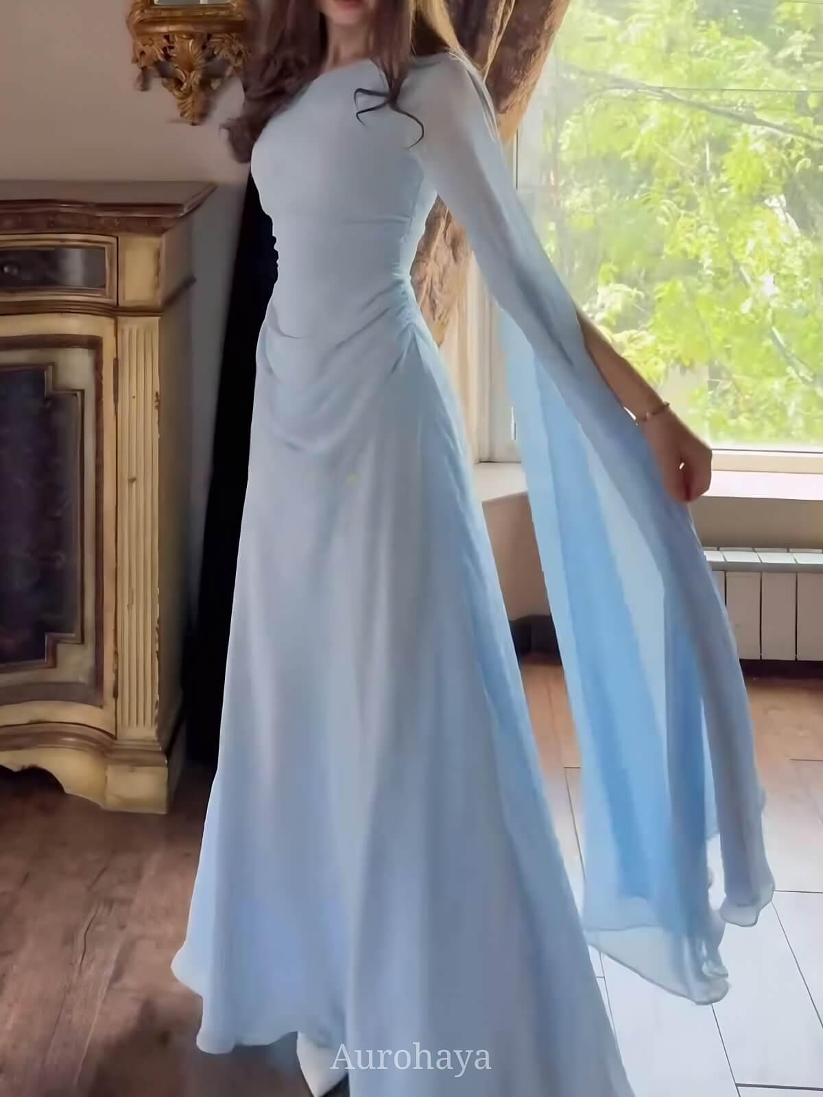 Aurohaya Pleated Asymmetrical Neck Cinched Waist Evening Dress, DES115 Blue