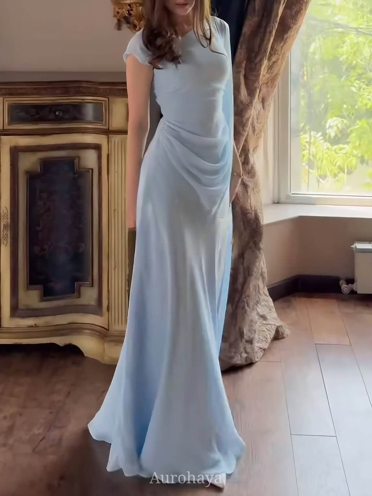Pleated Asymmetrical Neck Cinched Waist Evening Dress, DES115