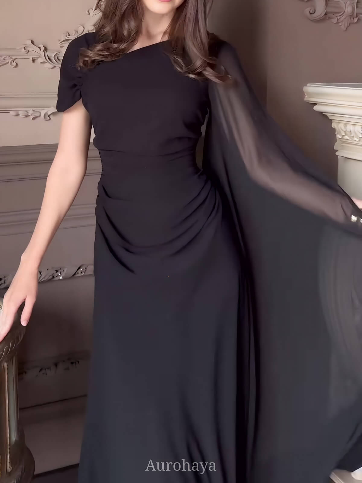 Pleated Asymmetrical Neck Cinched Waist Evening Dress, DES115