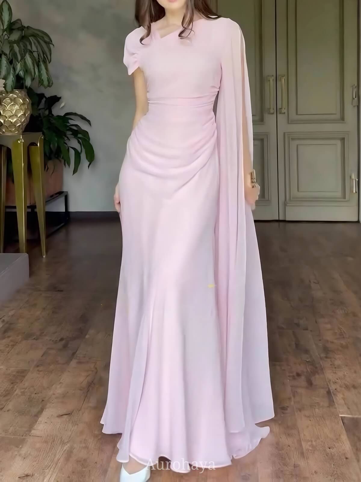 Pleated Asymmetrical Neck Cinched Waist Evening Dress, DES115