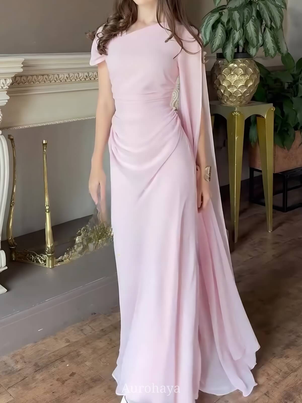Pleated Asymmetrical Neck Cinched Waist Evening Dress, DES115