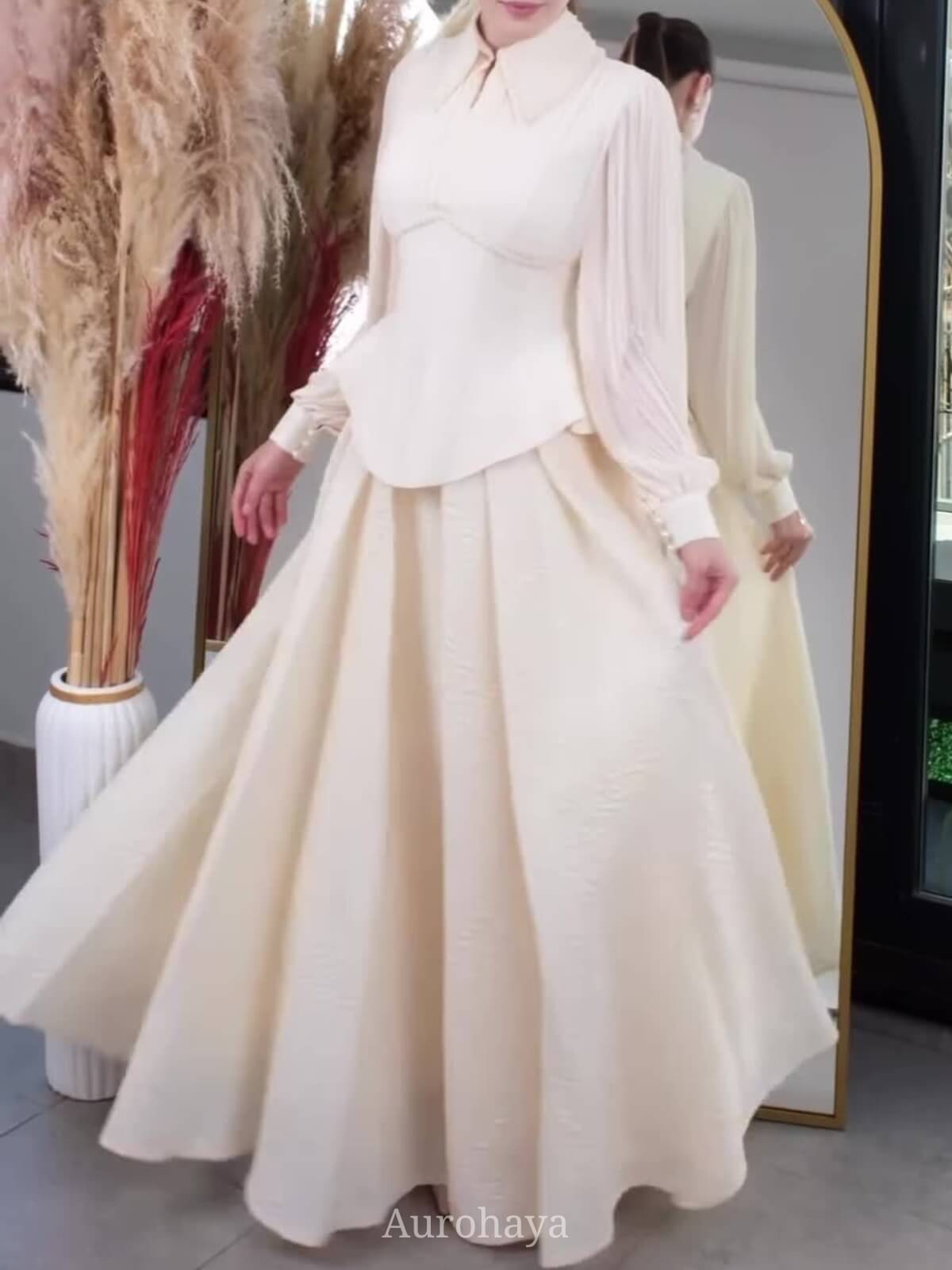 Peplum Waist Pleated Long Sleeve Maxi Dress, DES117