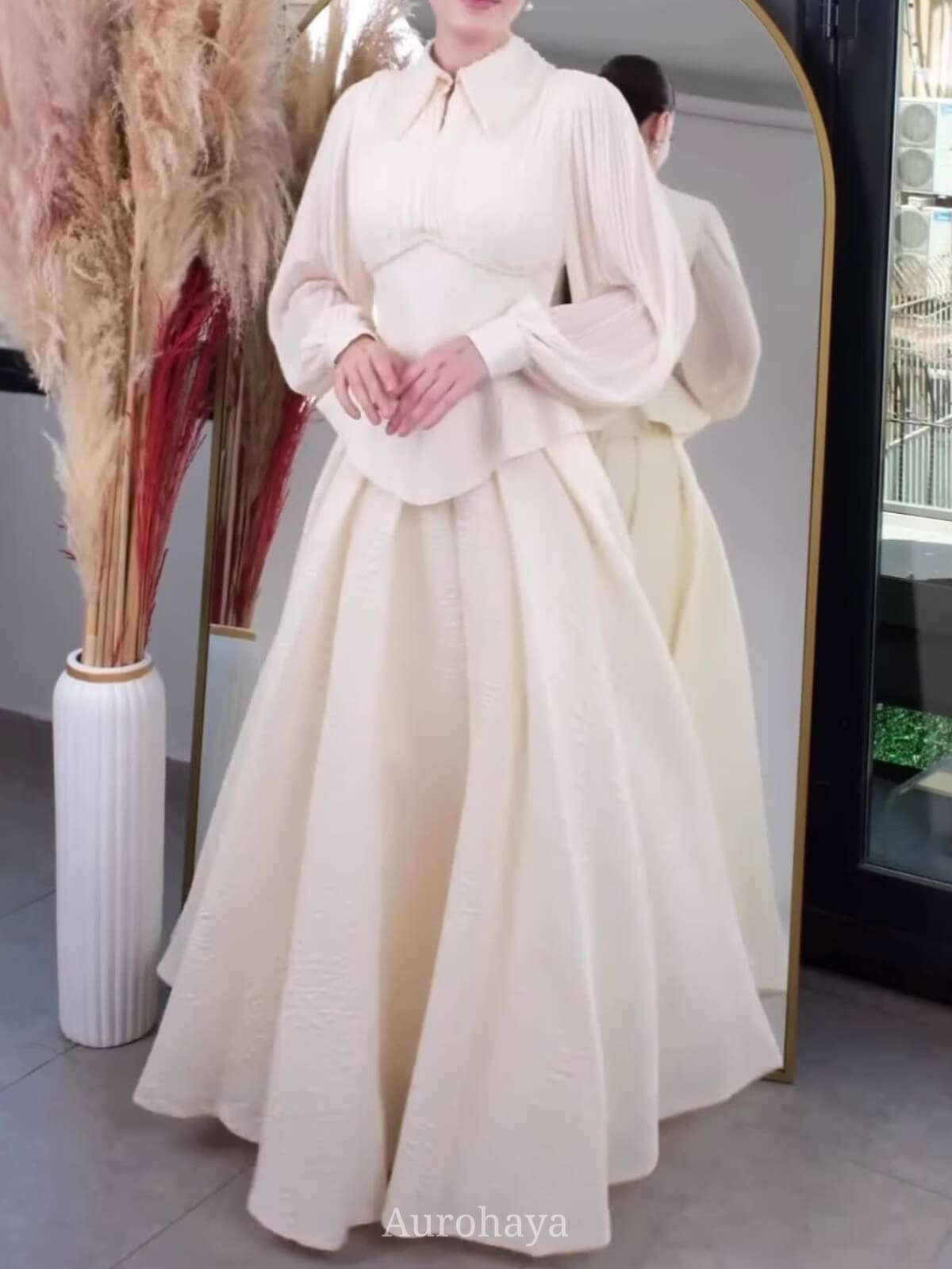Peplum Waist Pleated Long Sleeve Maxi Dress, DES117