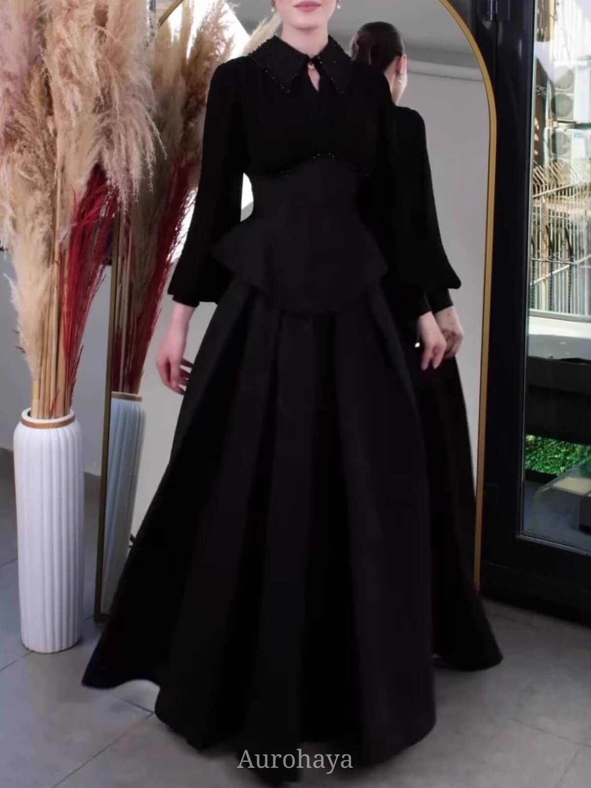 Peplum Waist Pleated Long Sleeve Maxi Dress, DES117