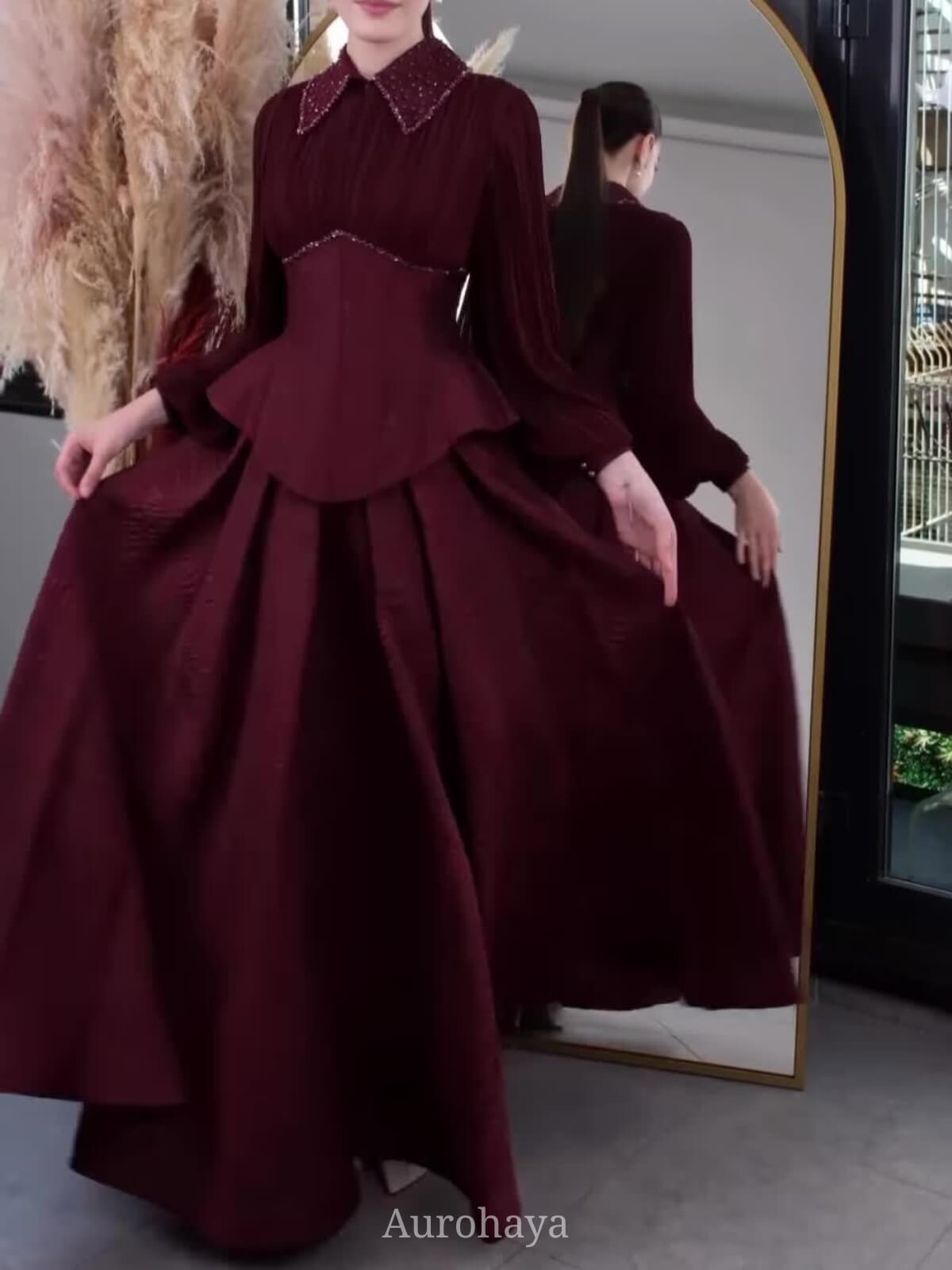 Peplum Waist Pleated Long Sleeve Maxi Dress, DES117