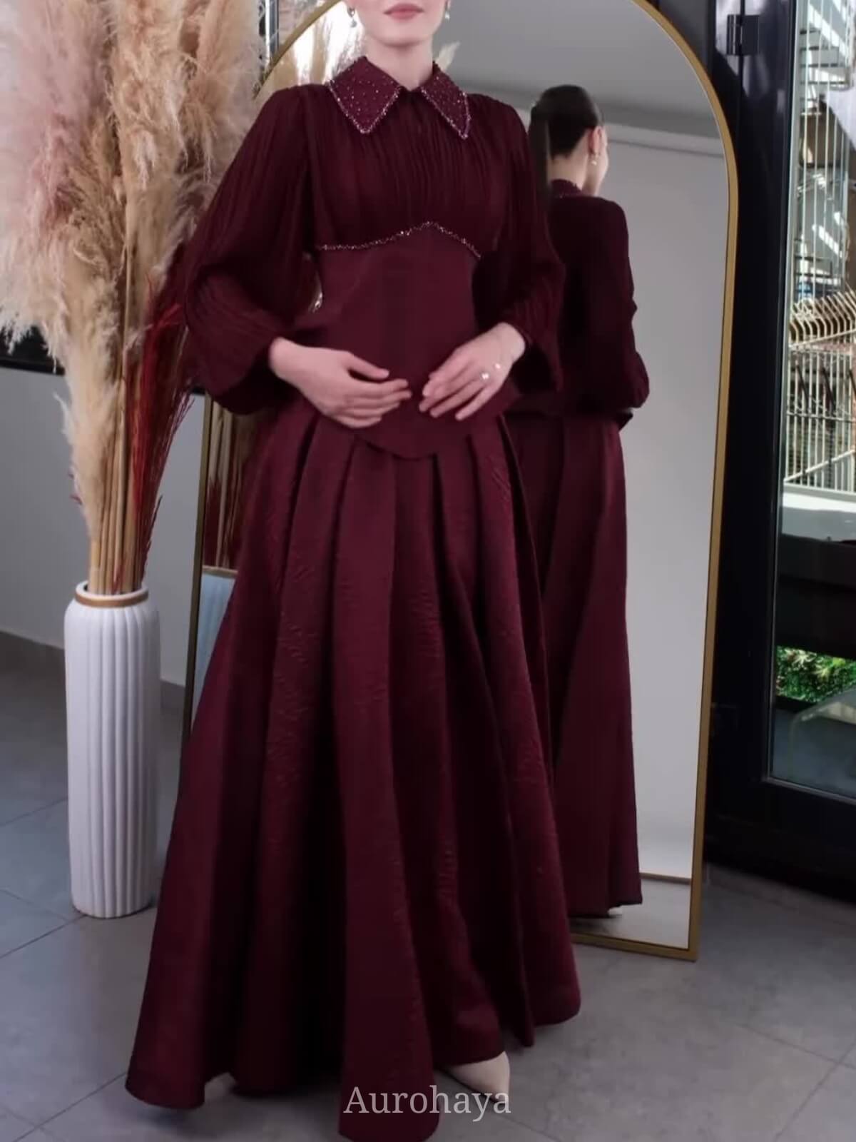 Peplum Waist Pleated Long Sleeve Maxi Dress, DES117
