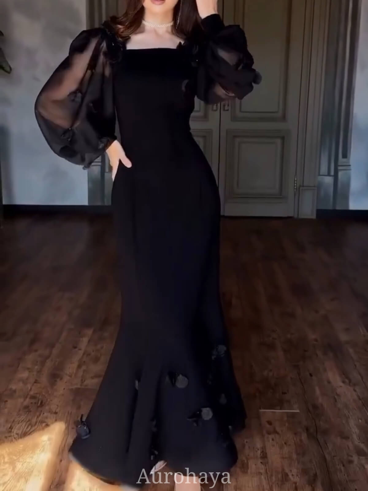 Square Neck Long Sleeve Floral Maxi Dress, DES121
