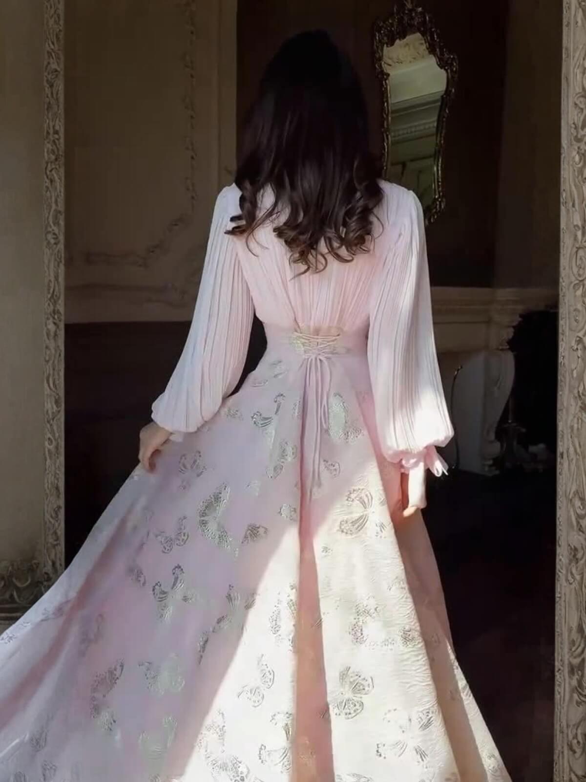 Aurohaya Chiffon Butterfly Pleated Maxi Dress