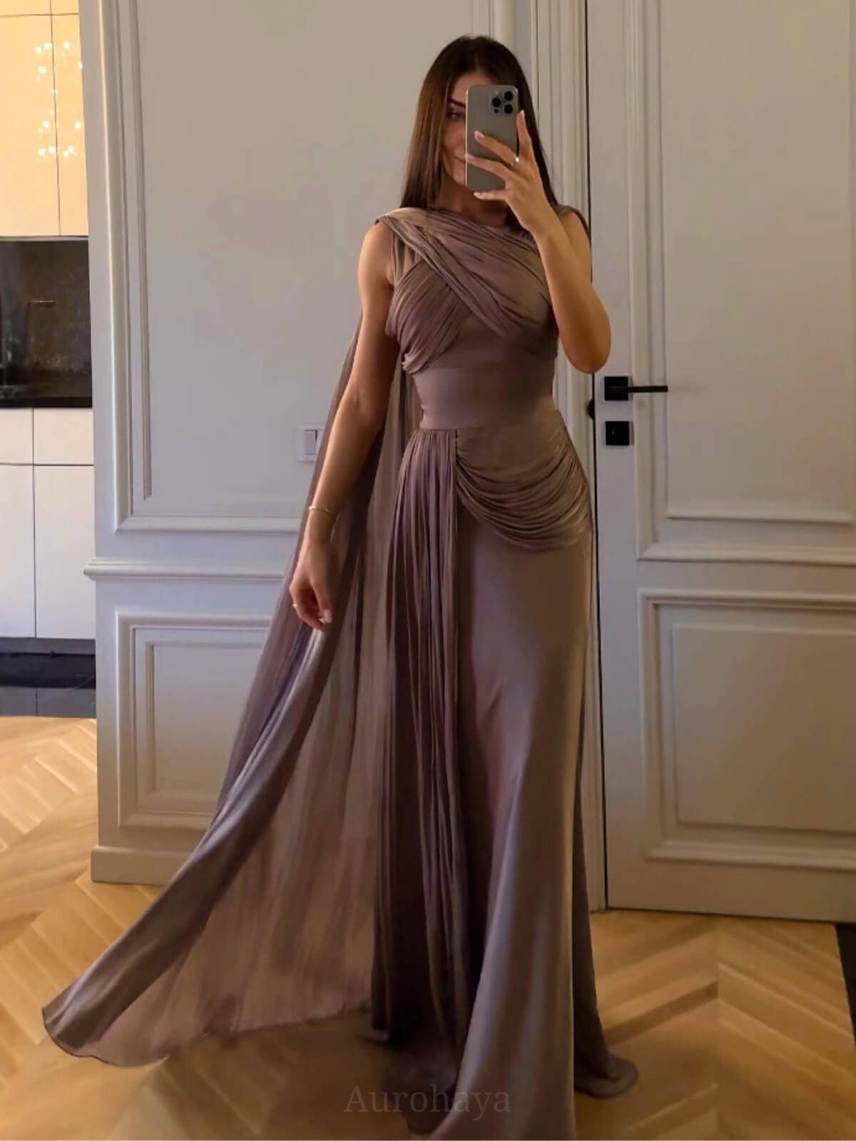 Lavender Asymmetric Ruched Cape Gown Maxi Dress