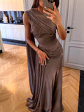 Lavender Asymmetric Ruched Cape Gown Maxi Dress