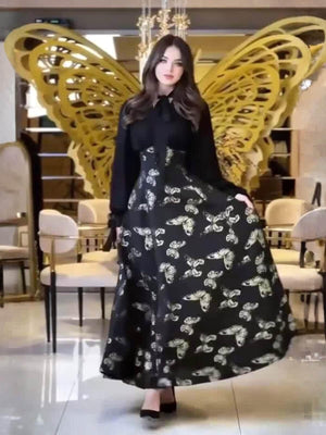 Aurohaya Chiffon Butterfly Pleated Maxi Dress Black