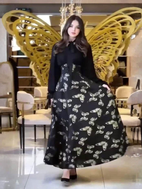 Aurohaya Chiffon Butterfly Pleated Maxi Dress Black