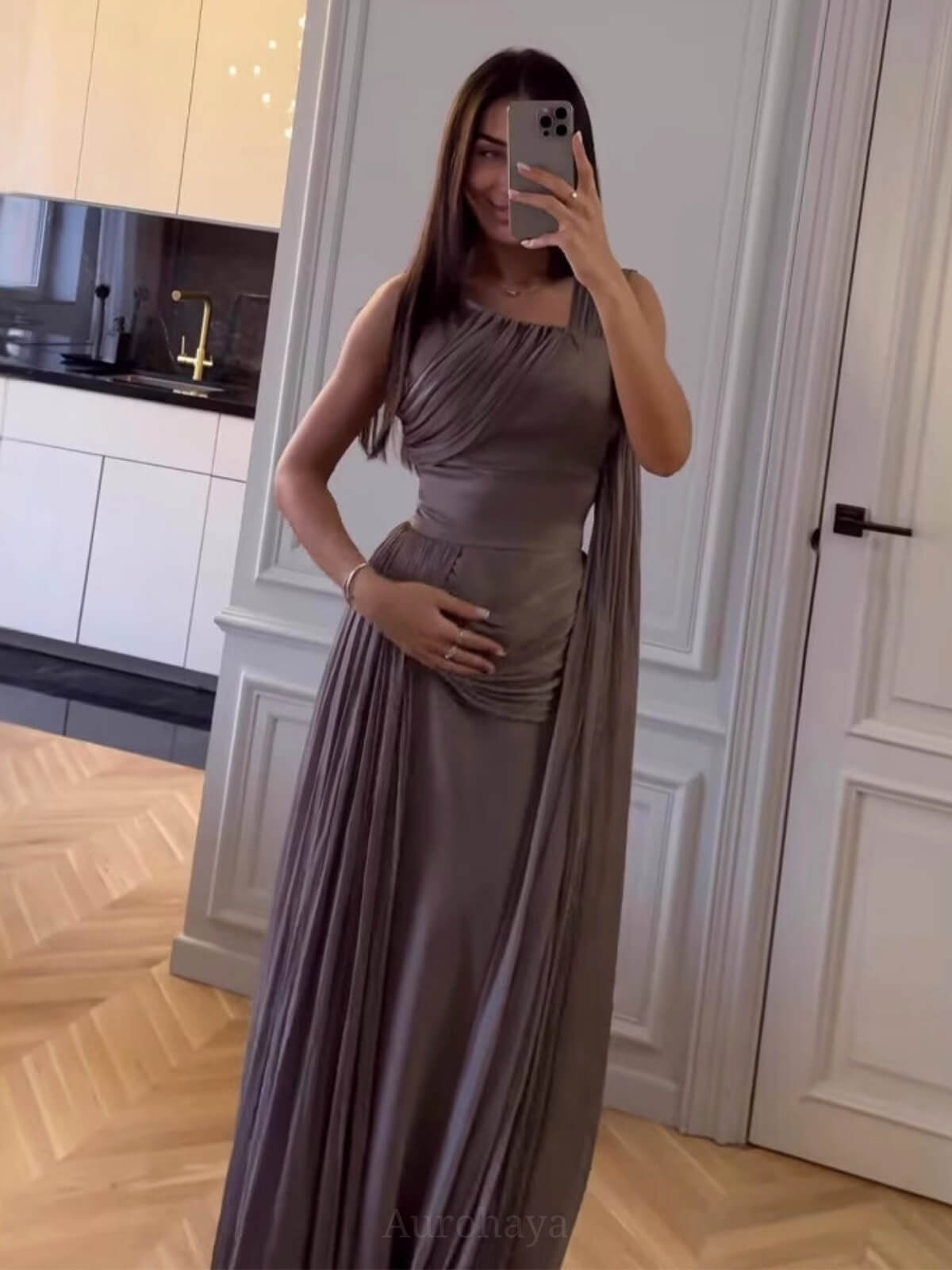 Lavender Asymmetric Ruched Cape Gown Maxi Dress