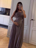 Lavender Asymmetric Ruched Cape Gown Maxi Dress