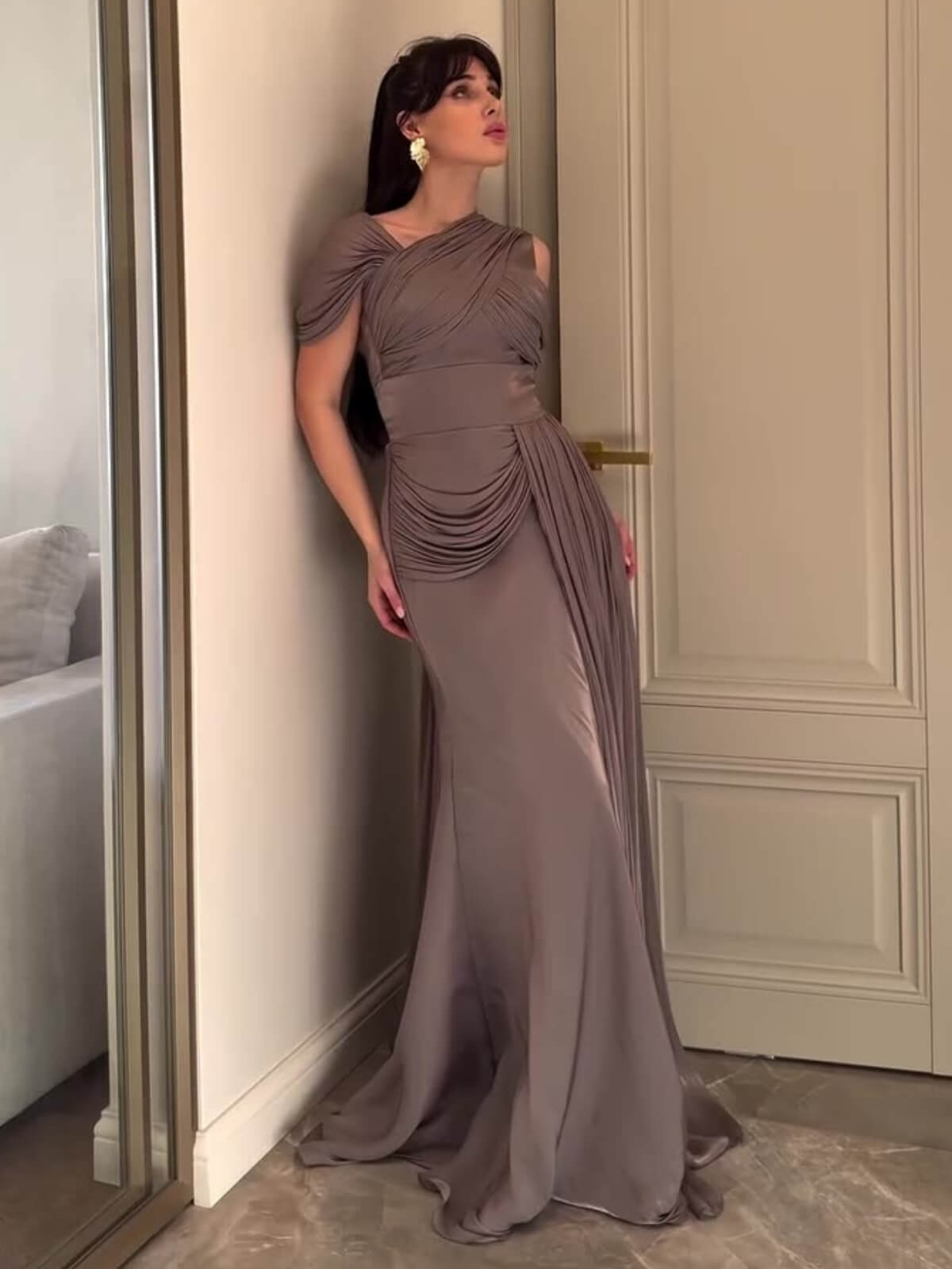 Lavender Asymmetric Ruched Cape Gown Maxi Dress