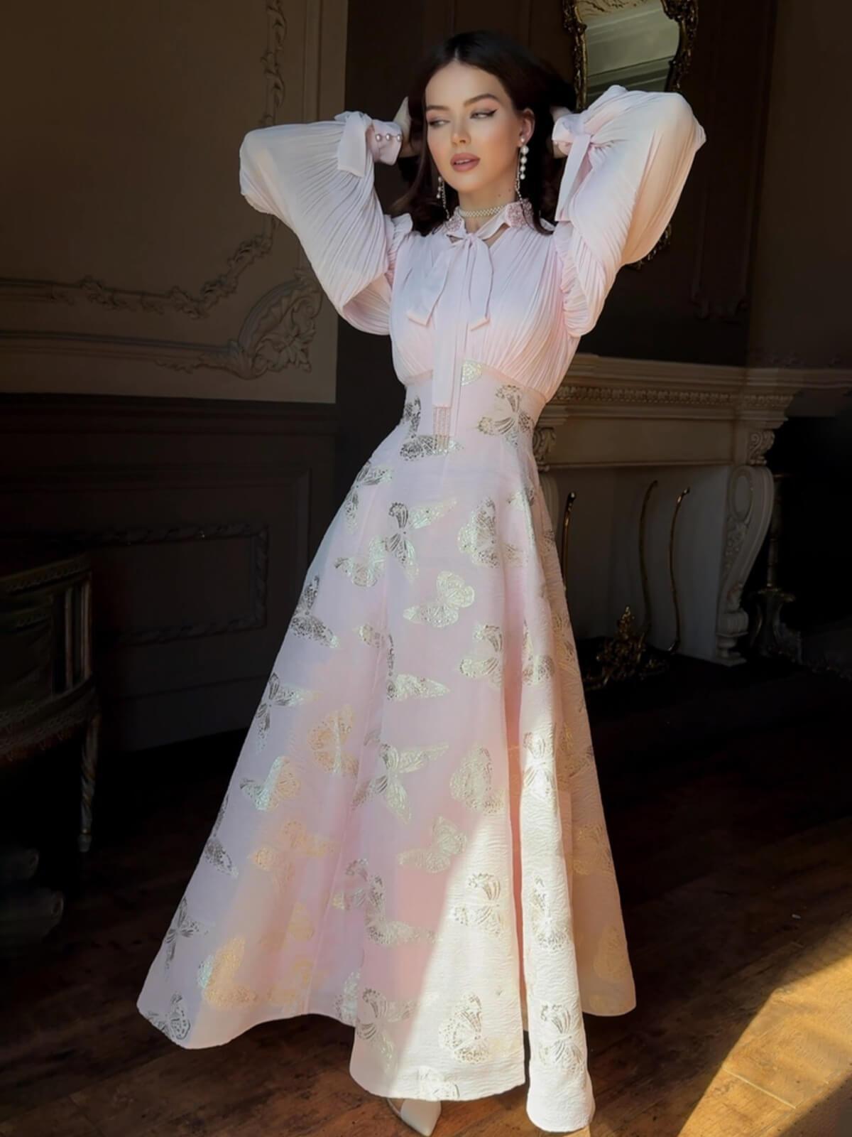 Aurohaya Chiffon Butterfly Pleated Maxi Dress Pink