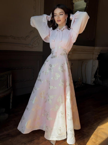 Aurohaya Chiffon Butterfly Pleated Maxi Dress Pink