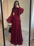 Cinched-Waist Bell‑Sleeve Ruffle Maxi Dress